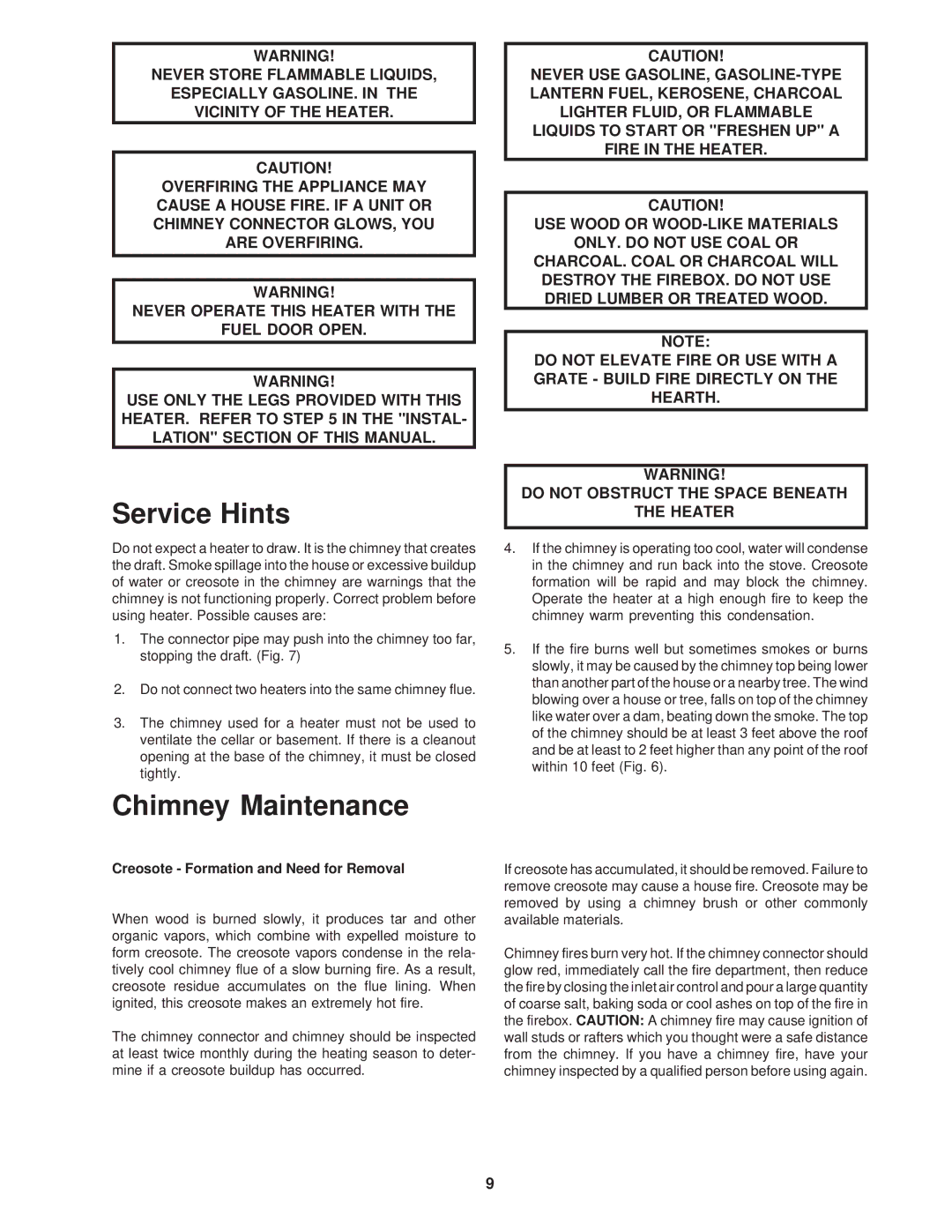 United States Stove 1261 owner manual Service Hints, Chimney Maintenance 