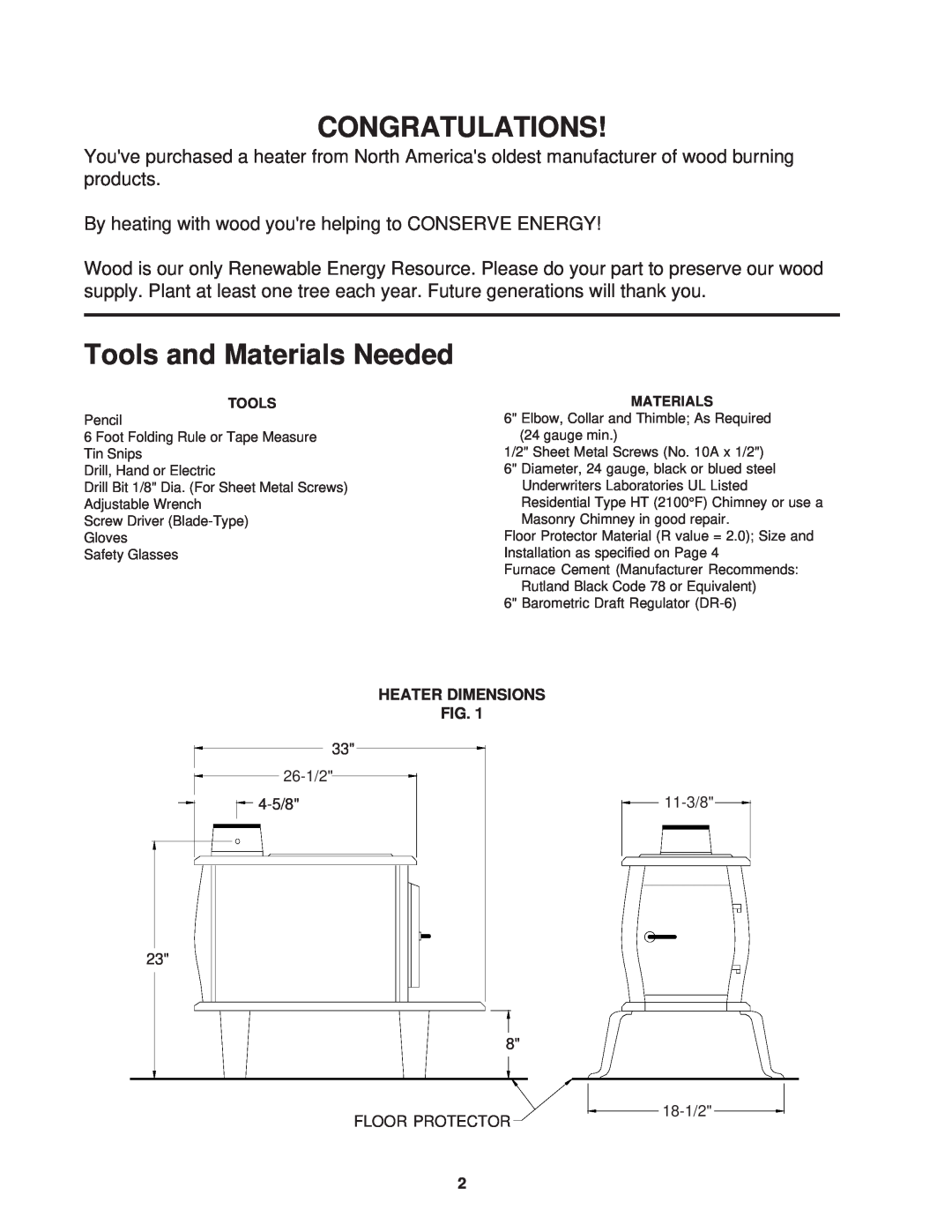 United States Stove 1261 owner manual Congratulations, Tools and Materials Needed, Heater Dimensions 