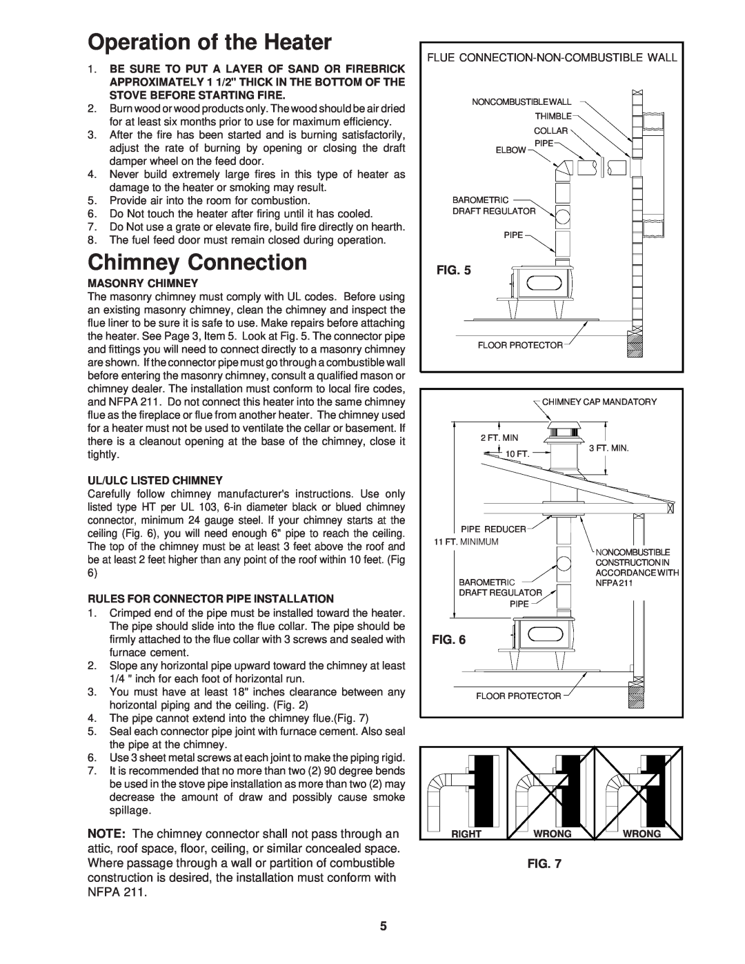 United States Stove 1261 Operation of the Heater, Chimney Connection, Be Sure To Put A Layer Of Sand Or Firebrick 