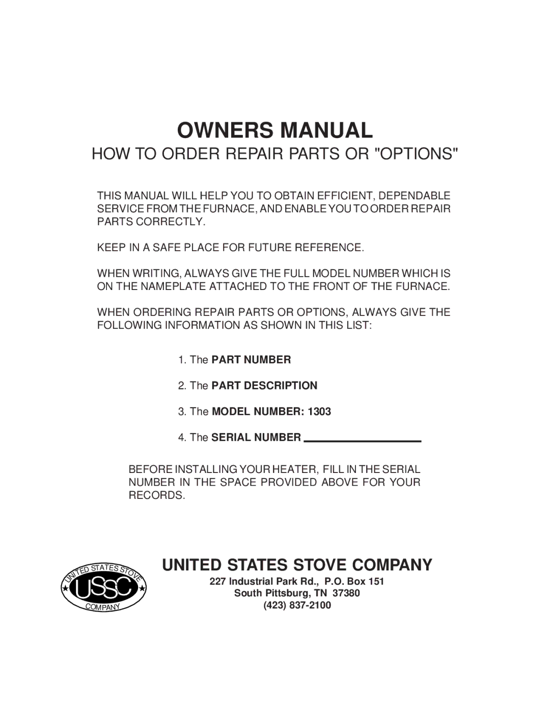 United States Stove 1303, AIR warranty United States Stove Company 