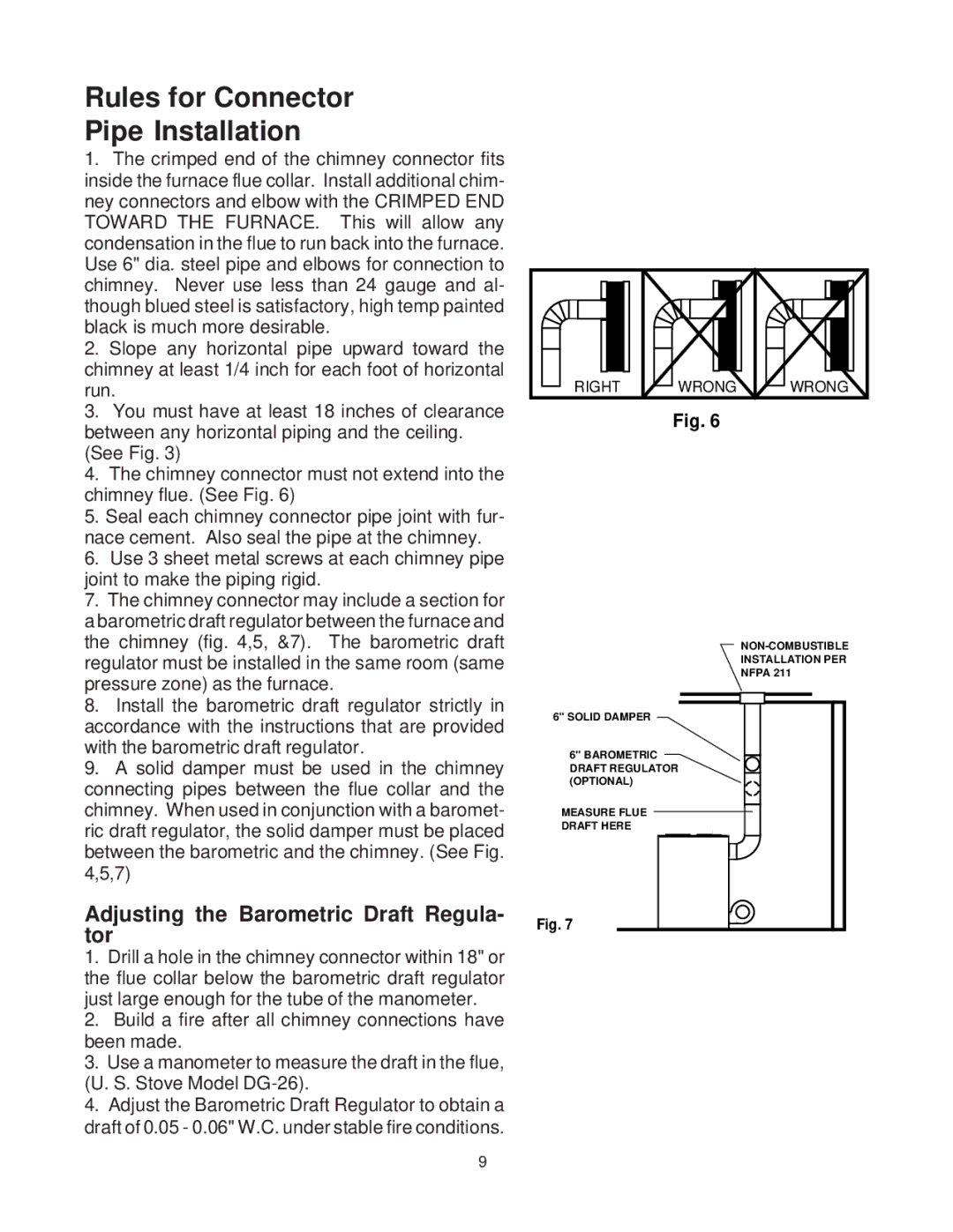 United States Stove AIR, 1303 warranty Rules for Connector Pipe Installation, Adjusting the Barometric Draft Regula- tor 