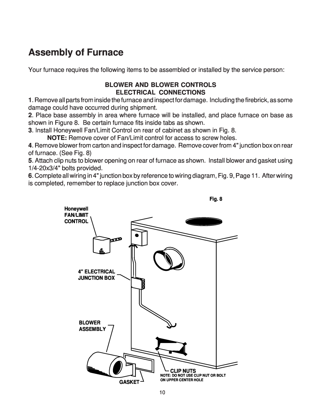 United States Stove 1303, AIR warranty Assembly of Furnace, Blower And Blower Controls Electrical Connections 