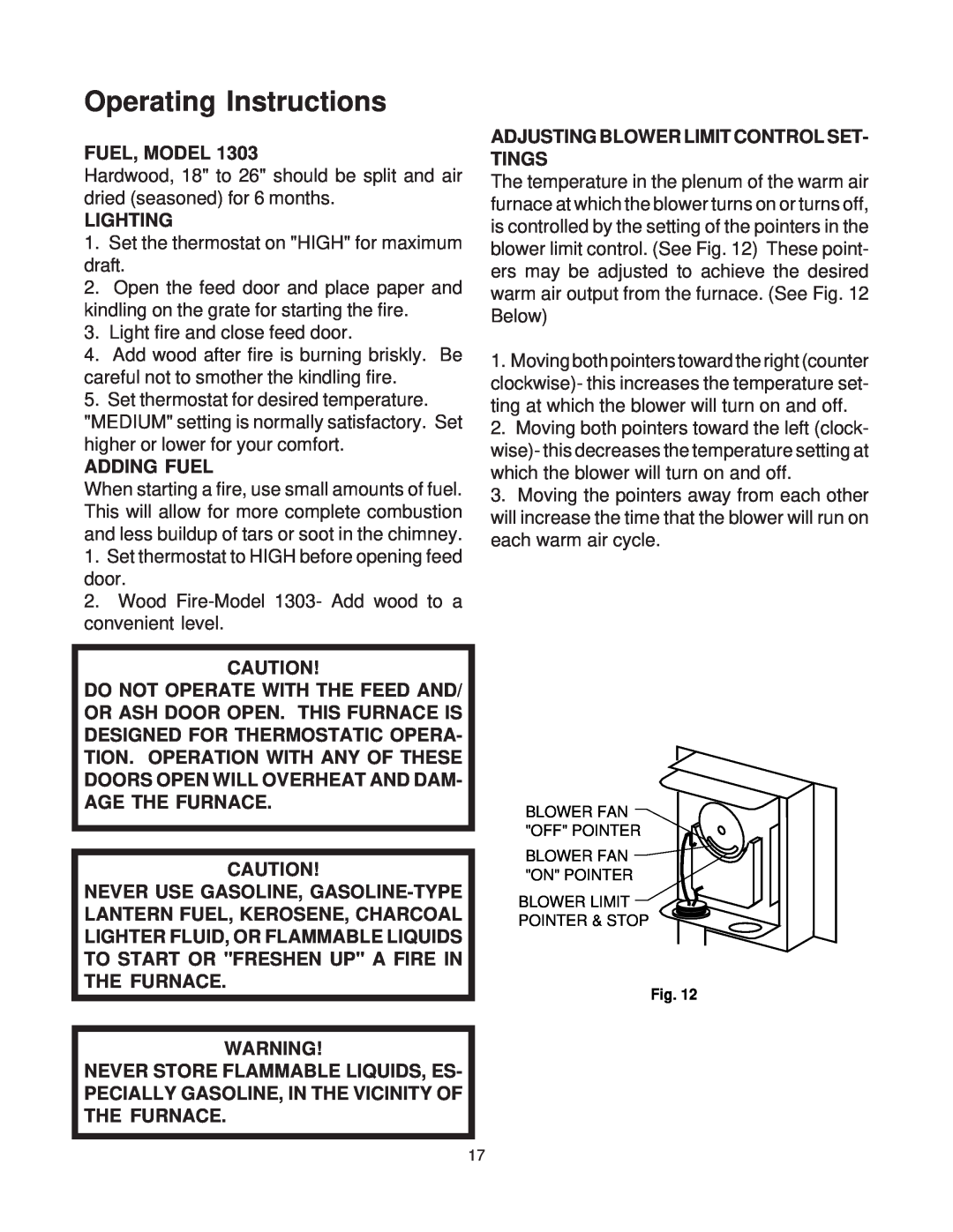 United States Stove AIR, 1303 warranty Operating Instructions, Fuel, Model, Lighting, Adding Fuel 