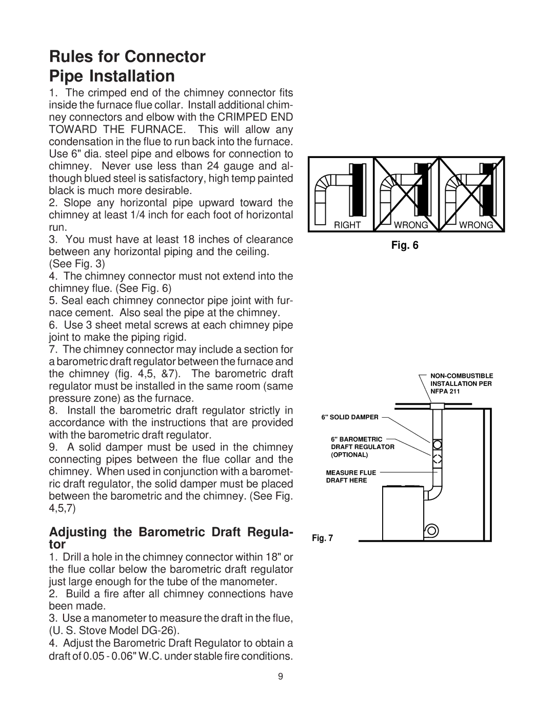 United States Stove 1321 warranty Rules for Connector Pipe Installation, Adjusting the Barometric Draft Regula- tor 