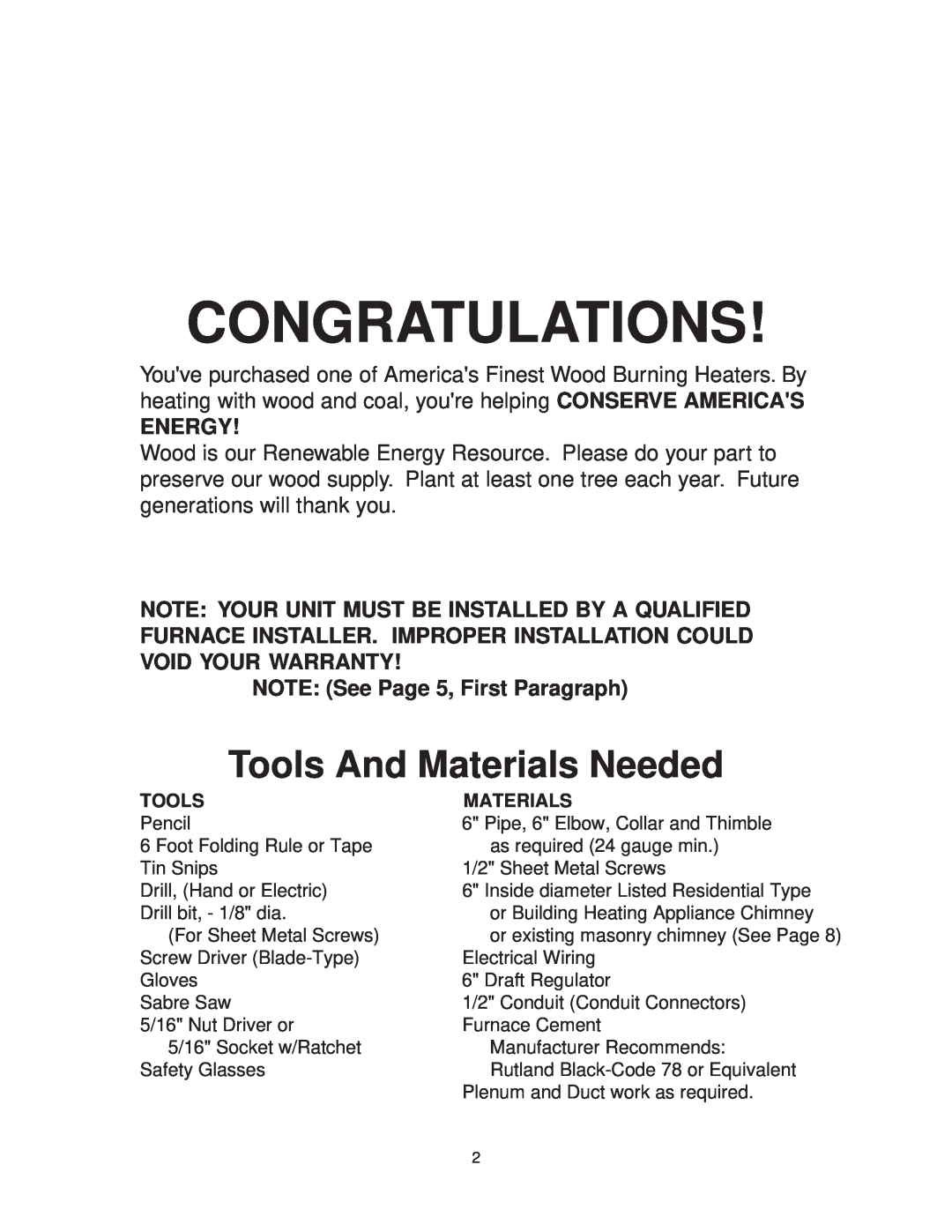 United States Stove 1321 warranty Tools And Materials Needed, Energy, NOTE See Page 5, First Paragraph, Congratulations 