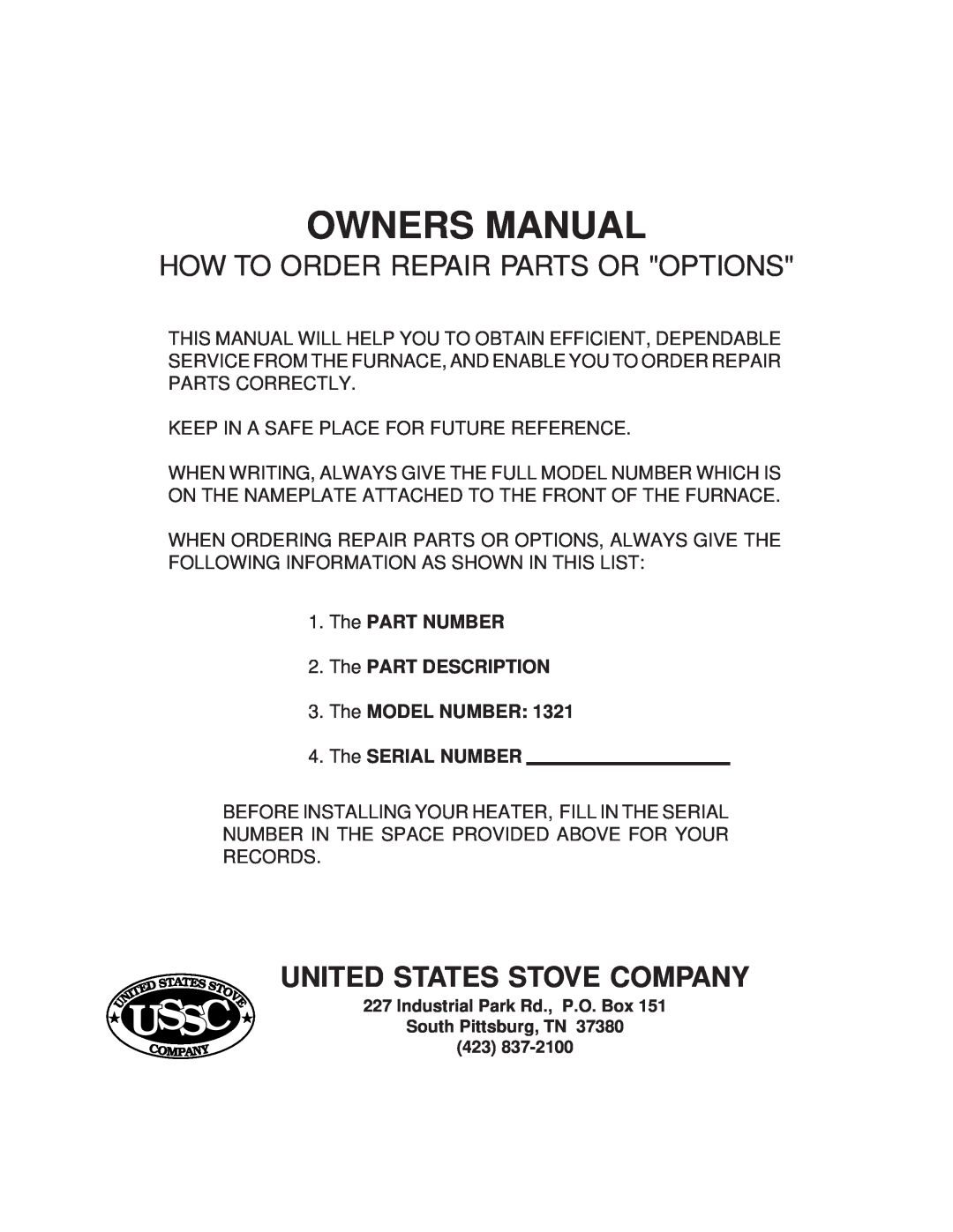 United States Stove 1321 warranty United States Stove Company, Ussc, How To Order Repair Parts Or Options 