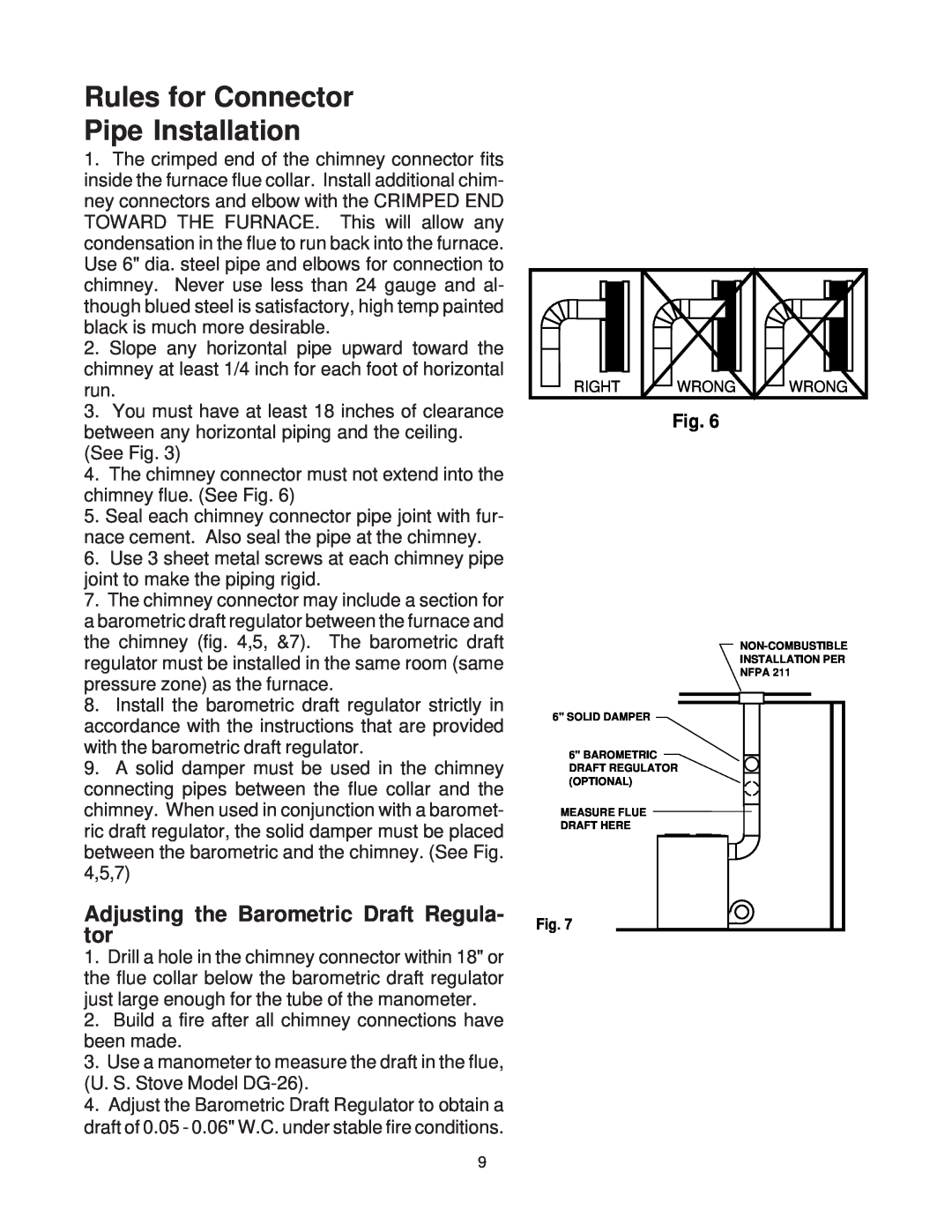 United States Stove 1321 warranty Rules for Connector Pipe Installation, Adjusting the Barometric Draft Regula- tor 