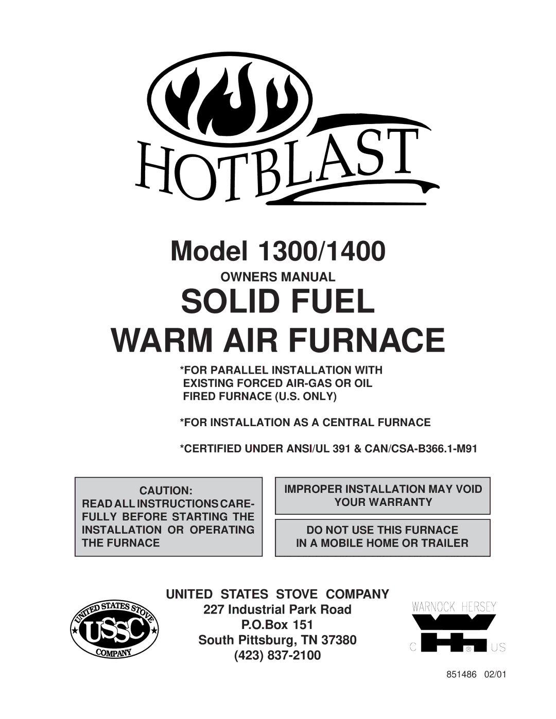 United States Stove 1300, 1400 owner manual Solid Fuel Warm AIR Furnace 