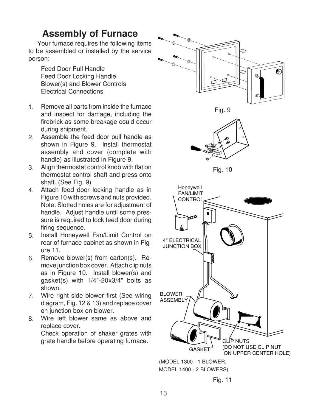 United States Stove 1300 owner manual Assembly of Furnace, Model 1400 2 Blowers 