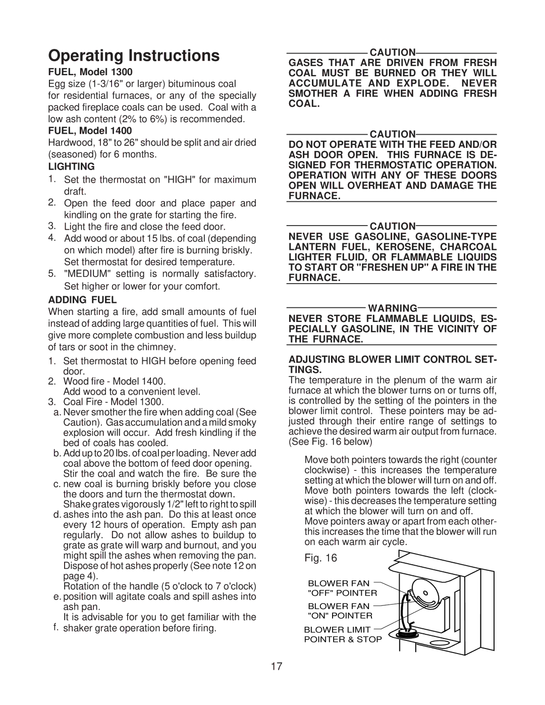 United States Stove 1300, 1400 owner manual Operating Instructions, FUEL, Model 