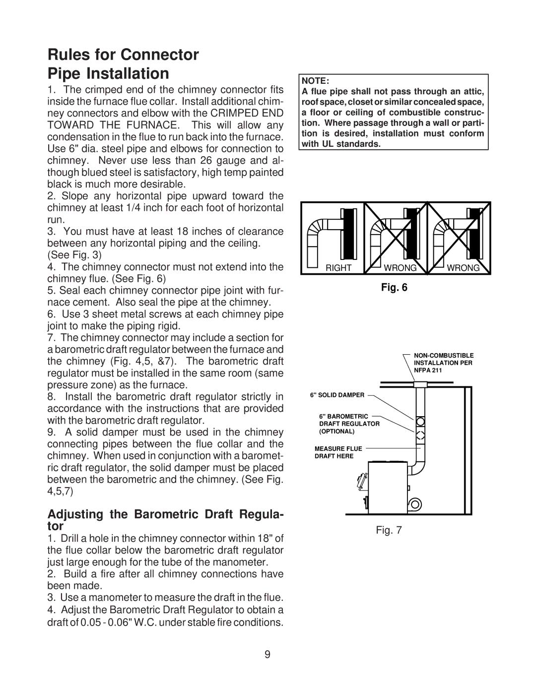 United States Stove 1300, 1400 Rules for Connector Pipe Installation, Adjusting the Barometric Draft Regula- tor 