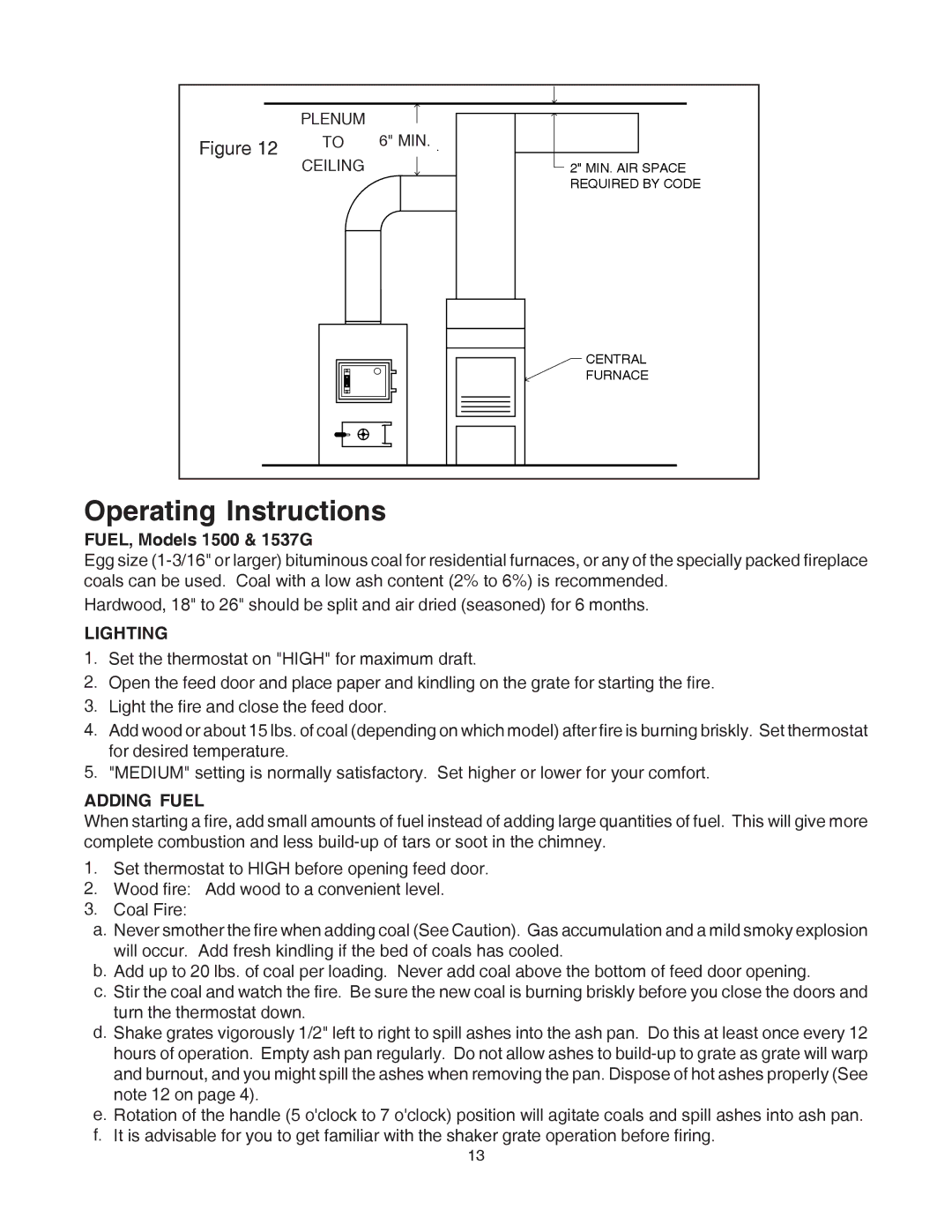 United States Stove owner manual Operating Instructions, FUEL, Models 1500 & 1537G 