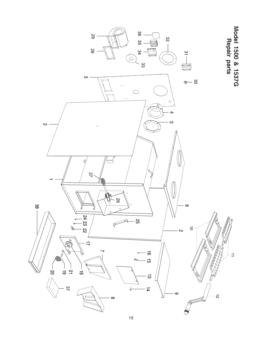 United States Stove owner manual Model 1500 & 1537G Repair parts 