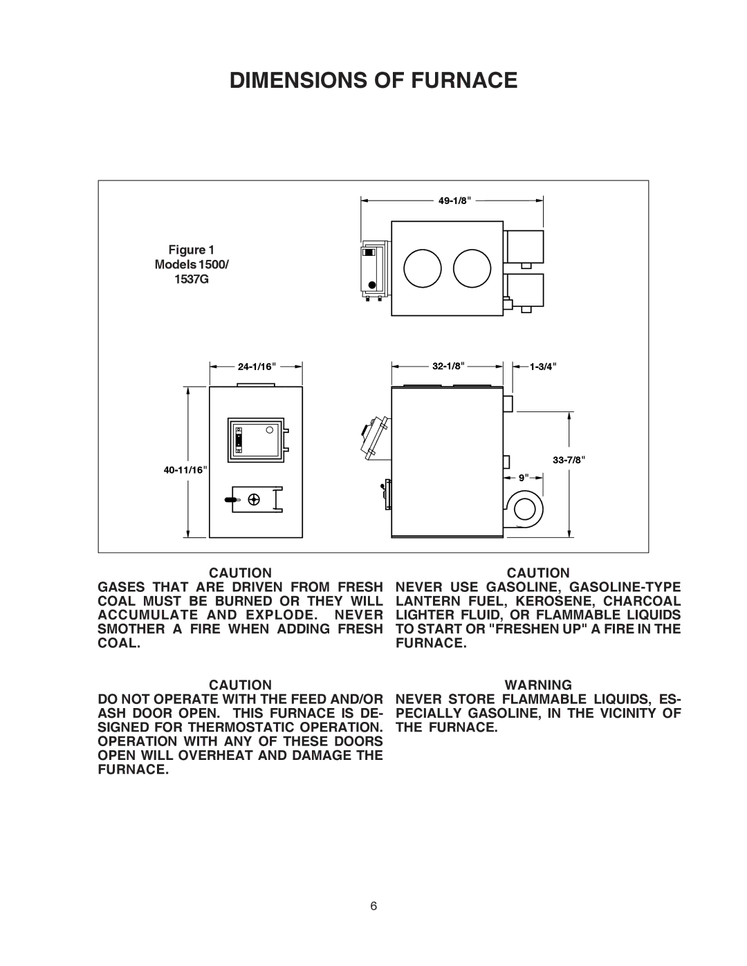 United States Stove 1500 owner manual Dimensions of Furnace 