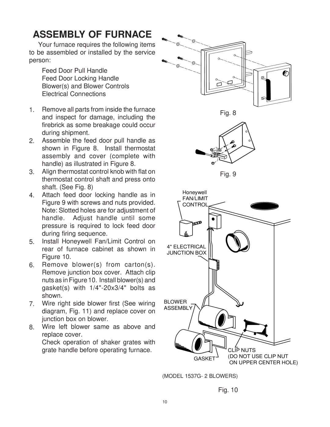 United States Stove owner manual Assembly of Furnace, Model 1537G- 2 Blowers 