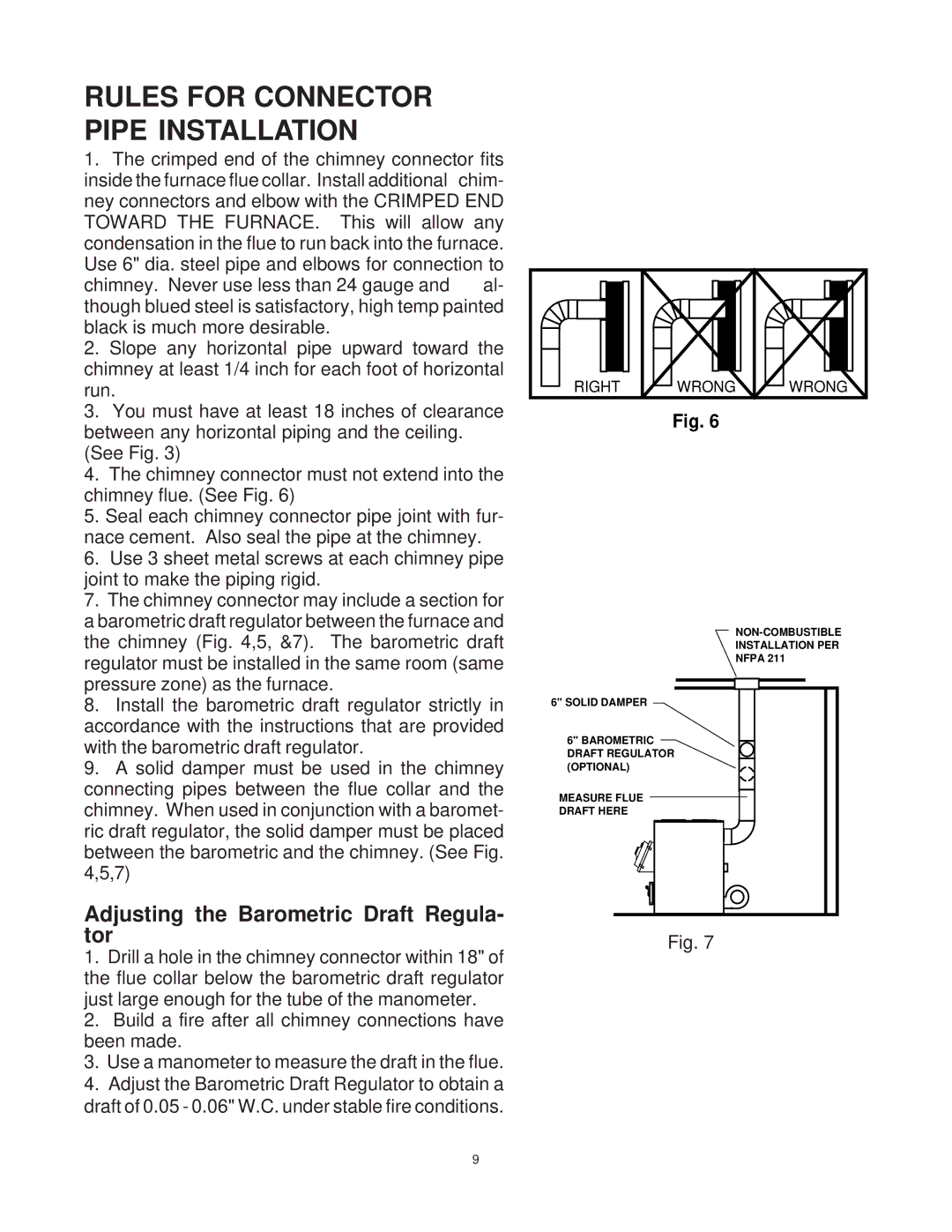 United States Stove 1537G owner manual Rules for Connector Pipe Installation, Adjusting the Barometric Draft Regula- tor 