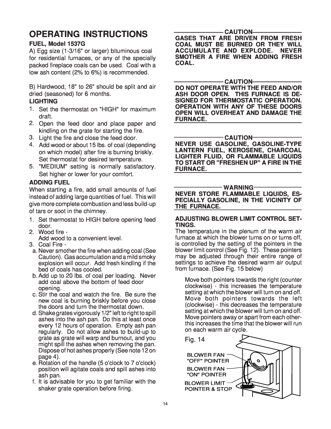 United States Stove 1537G owner manual Operating Instructions, Set the thermostat on HIGH for maximum draft, Coal Fire 