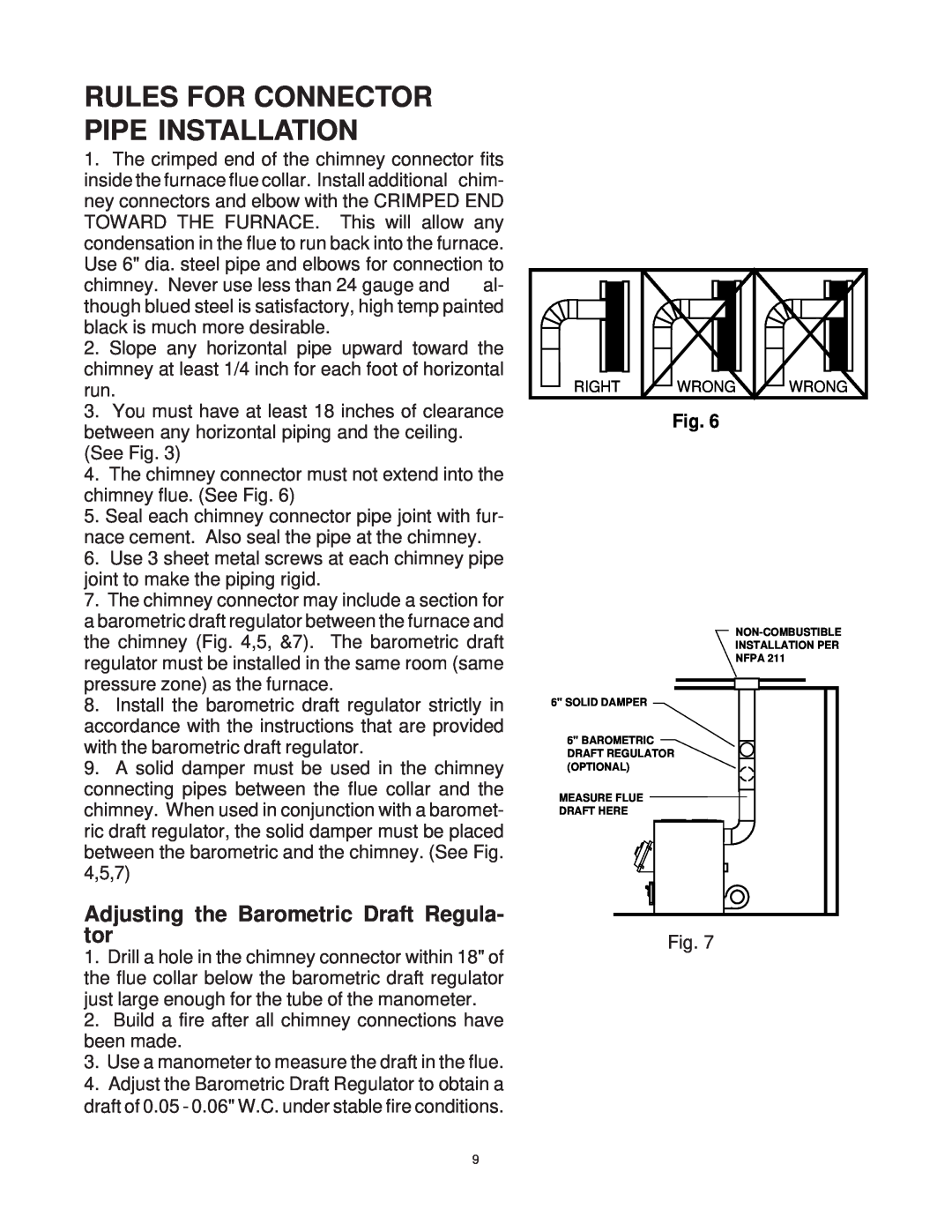 United States Stove 1537G owner manual Rules For Connector Pipe Installation, Adjusting the Barometric Draft Regula- tor 