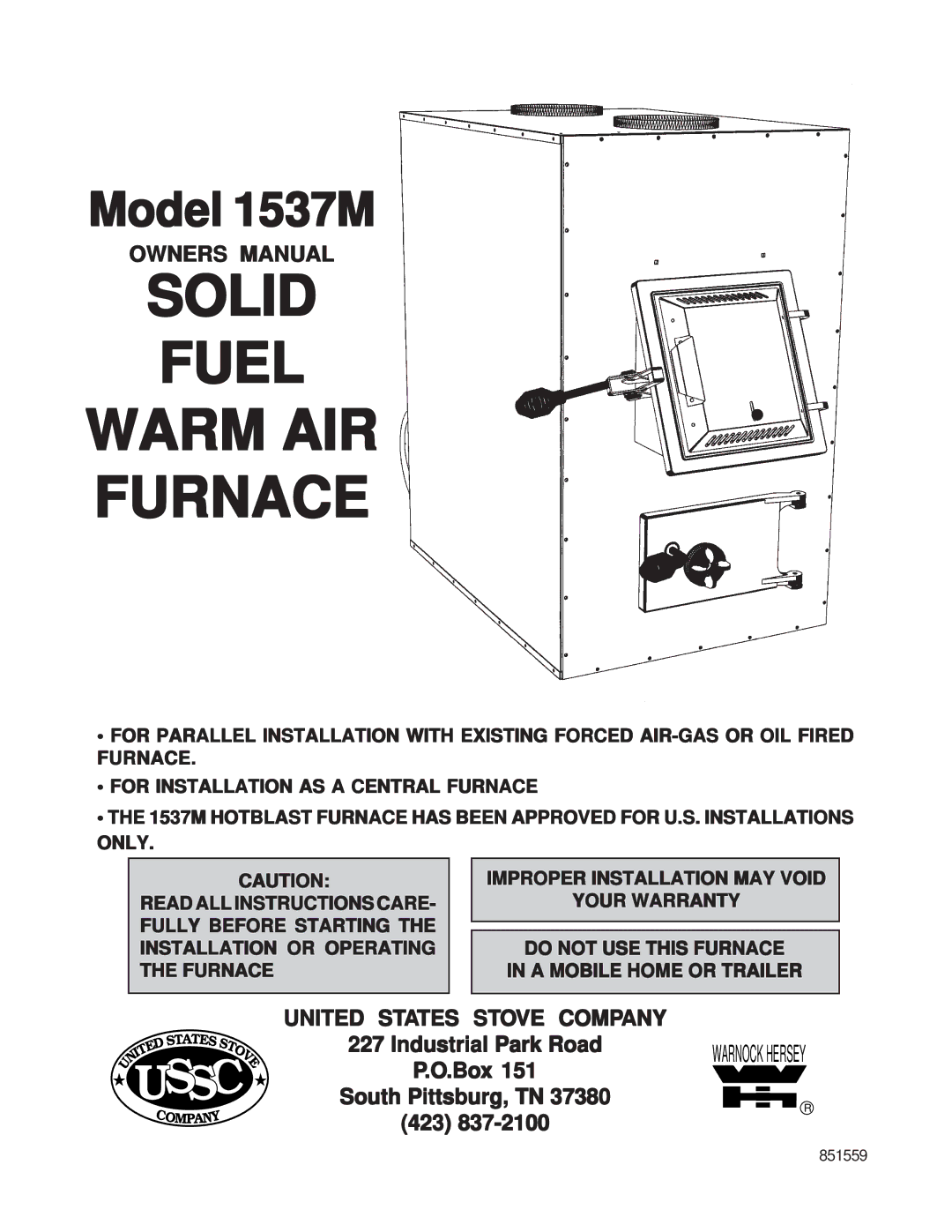 United States Stove 1537M owner manual Solid Fuel Warm AIR Furnace 