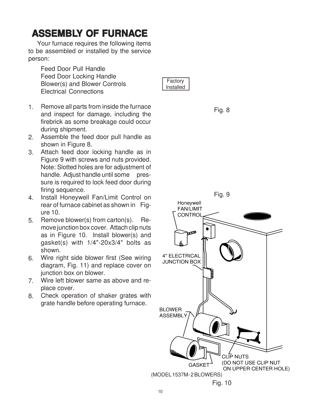 United States Stove owner manual Assembly of Furnace, Model 1537M- 2 Blowers 