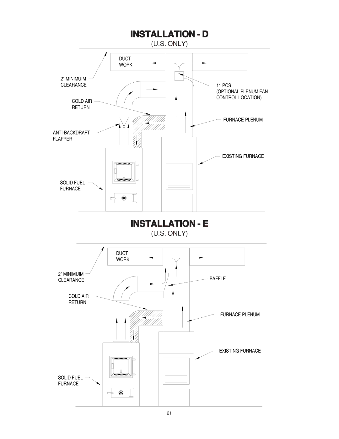 United States Stove 1537M owner manual Installation D, Installation E 