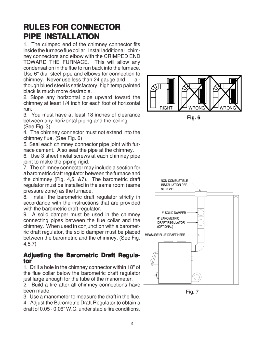 United States Stove 1537M owner manual Rules for Connector Pipe Installation, Adjusting the Barometric Draft Regula- tor 