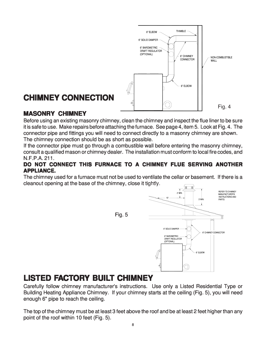 United States Stove 1537M owner manual Chimney Connection, Listed Factory Built Chimney, Masonry Chimney 