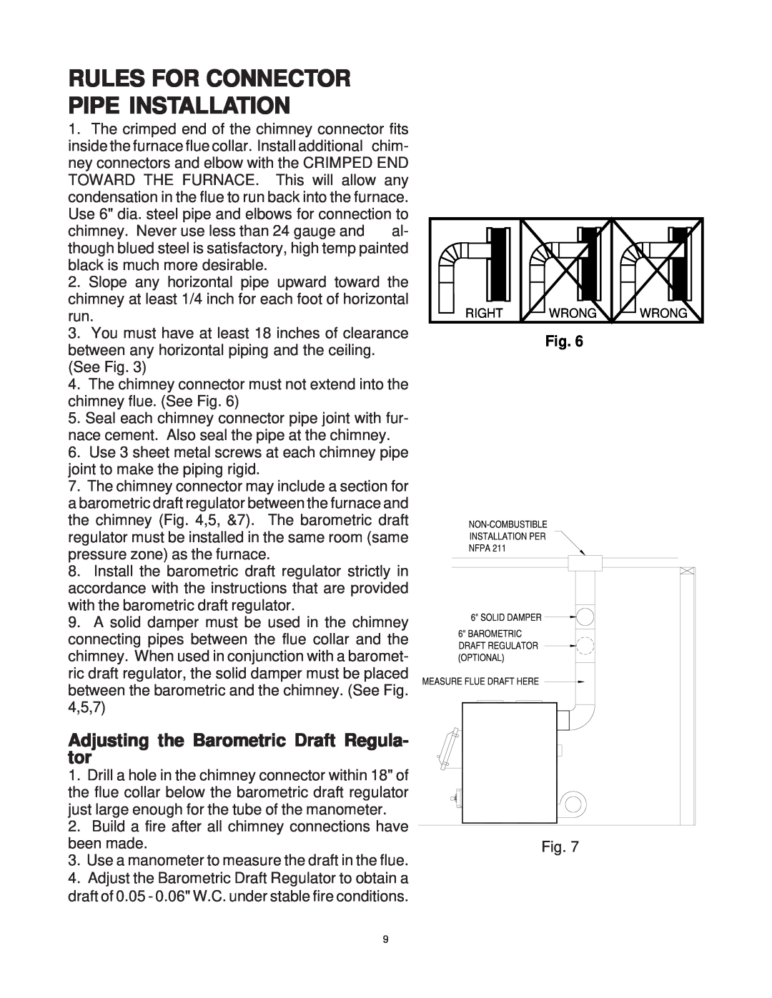 United States Stove 1537M owner manual Rules For Connector Pipe Installation, Adjusting the Barometric Draft Regula- tor 