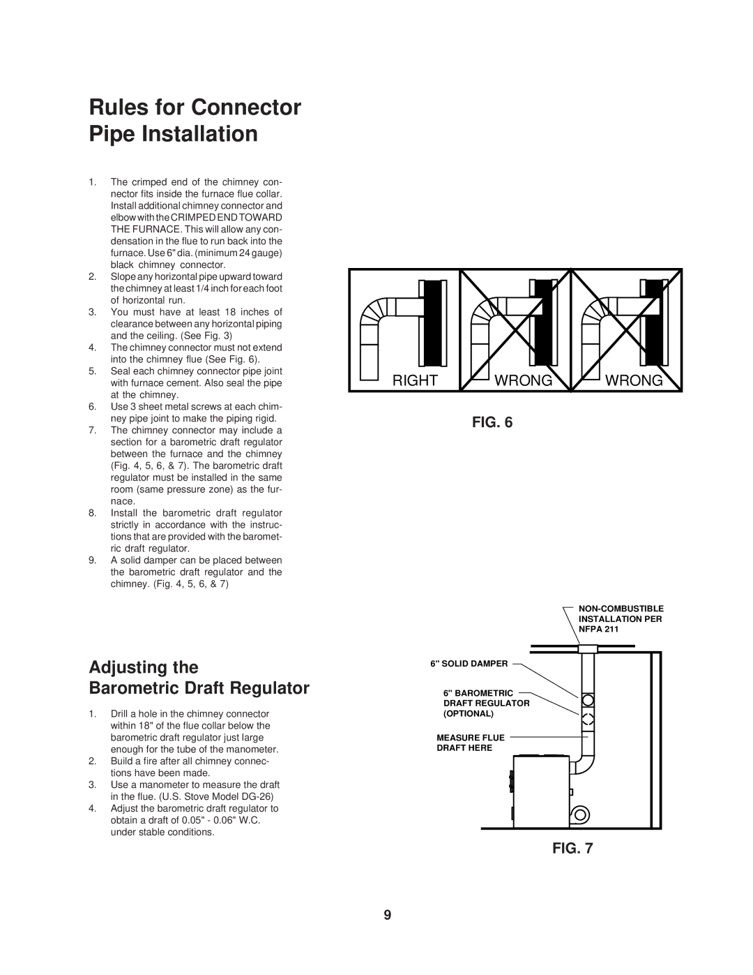 United States Stove 1537Q owner manual Rules for Connector Pipe Installation, Adjusting Barometric Draft Regulator 