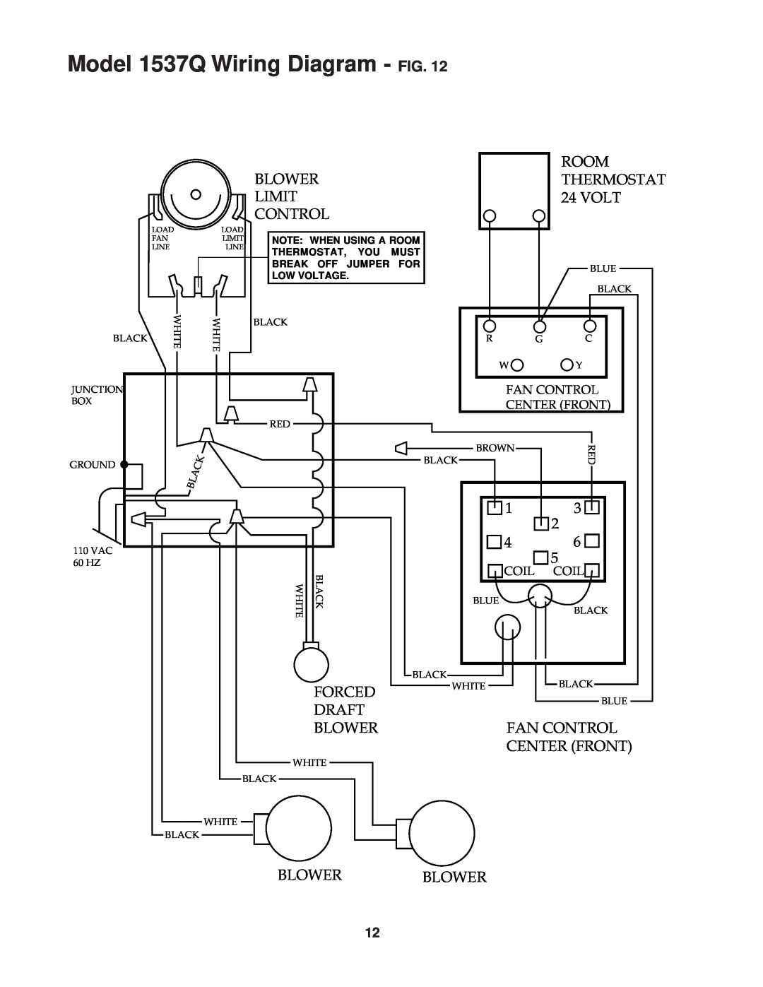 United States Stove Model 1537Q Wiring Diagram - FIG, Blower Limit Control, ROOM THERMOSTAT 24 VOLT, 13 2, Coil Coil 