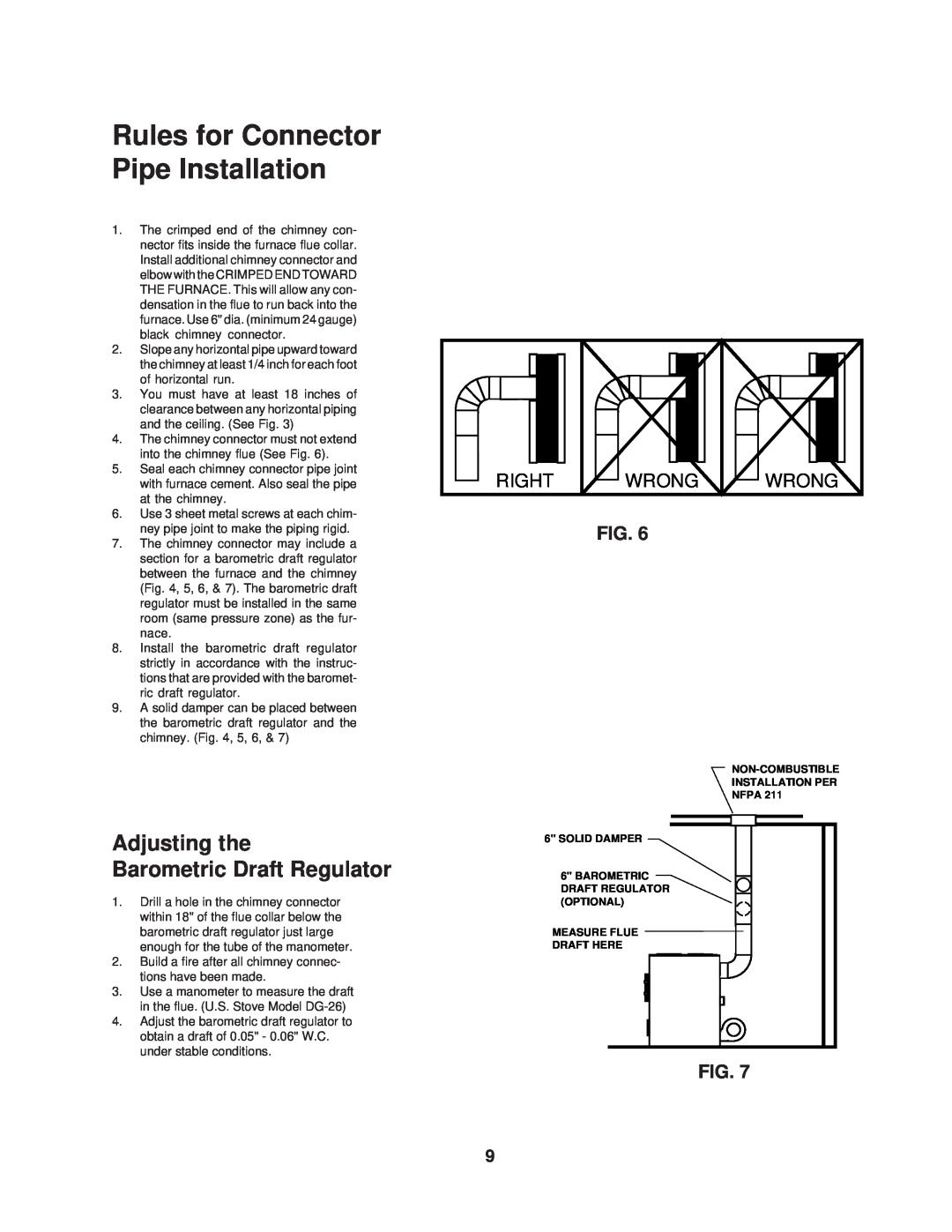 United States Stove 1537Q owner manual Rules for Connector Pipe Installation, Adjusting the Barometric Draft Regulator 