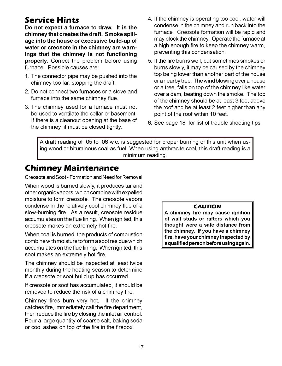 United States Stove 1357M, 1557M owner manual Service Hints, Chimney Maintenance 