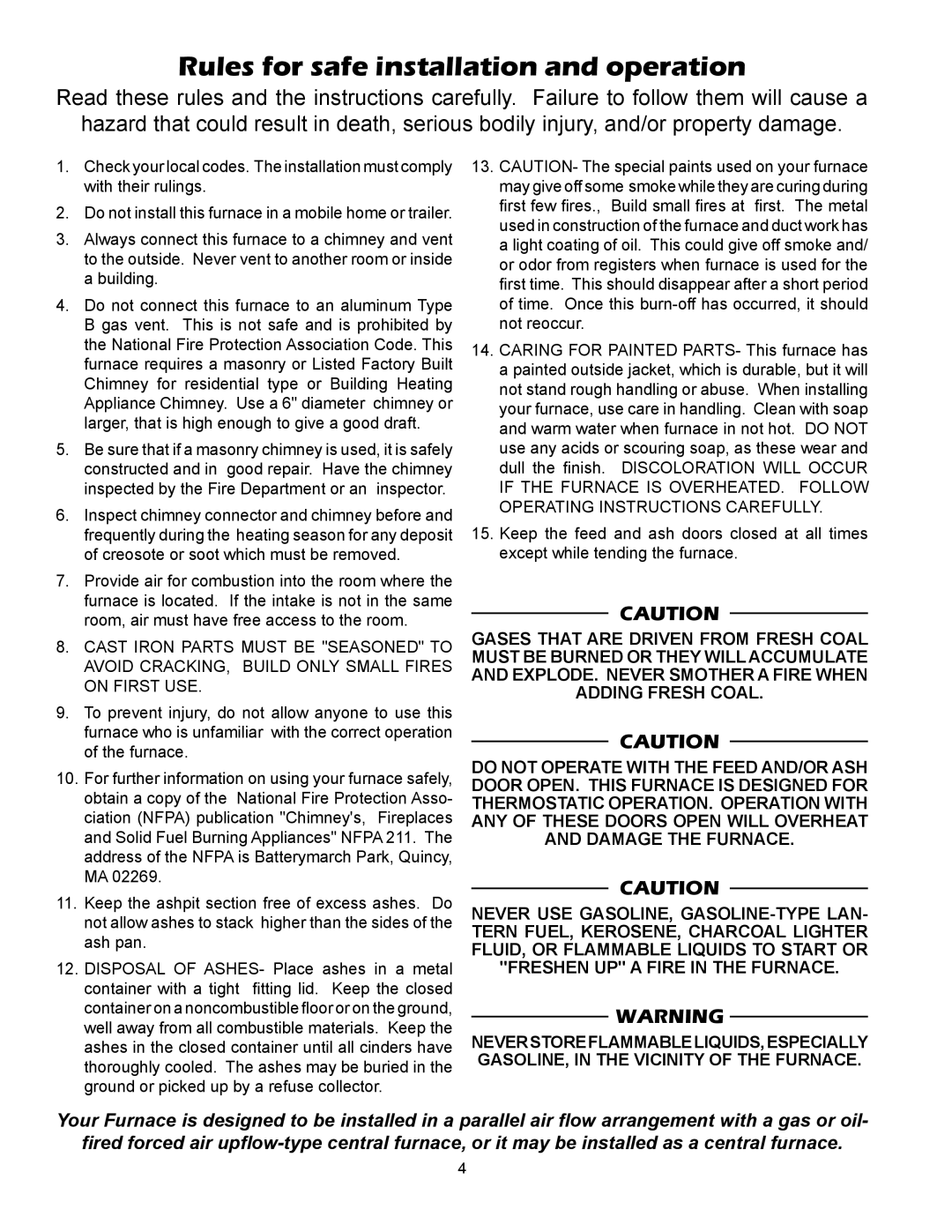 United States Stove 1557M, 1357M owner manual Rules for safe installation and operation 