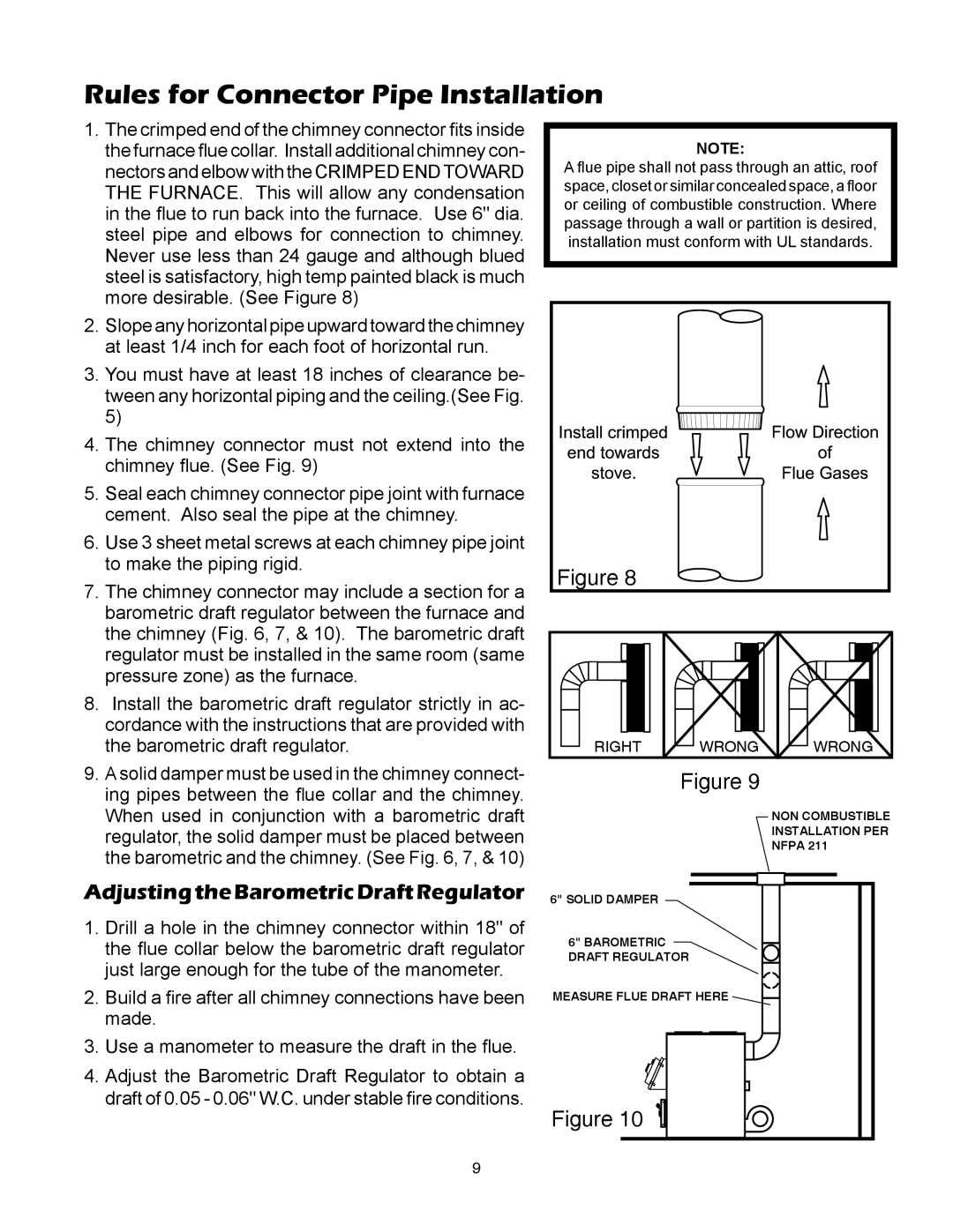 United States Stove 1357M, 1557M owner manual Rules for Connector Pipe Installation, AdjustingtheBarometricDraftRegulator 