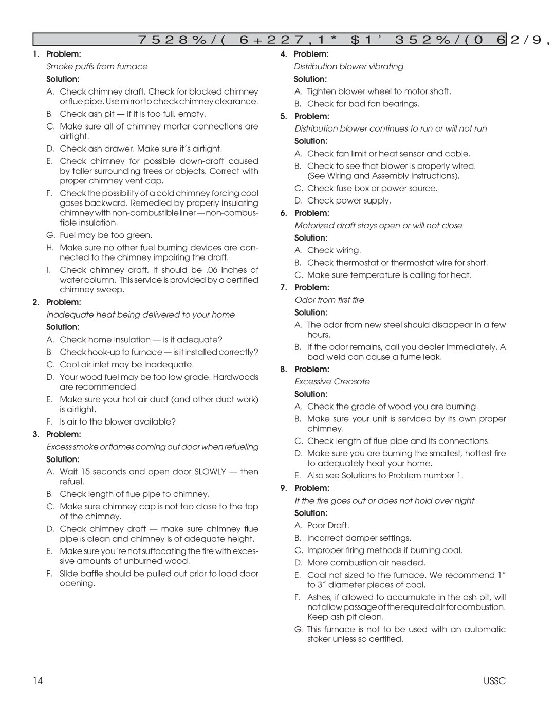 United States Stove 1600EF installation instructions Trouble Shooting and Problem Solving, Solution 