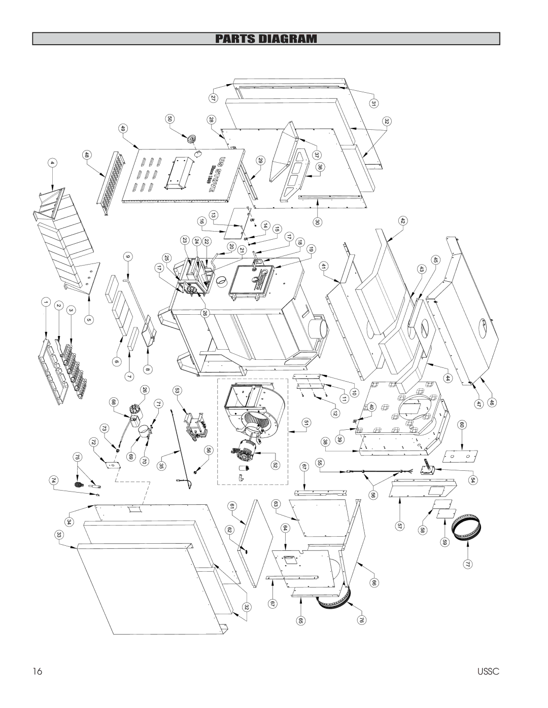 United States Stove 1600EF installation instructions Parts Diagram 