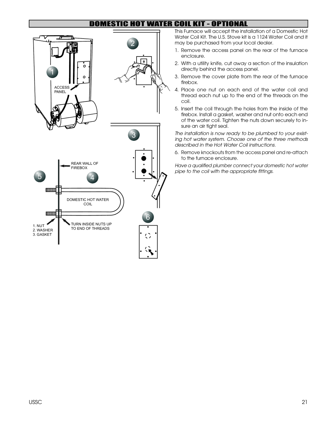 United States Stove 1600EF installation instructions Domestic HOT Water Coil KIT Optional 