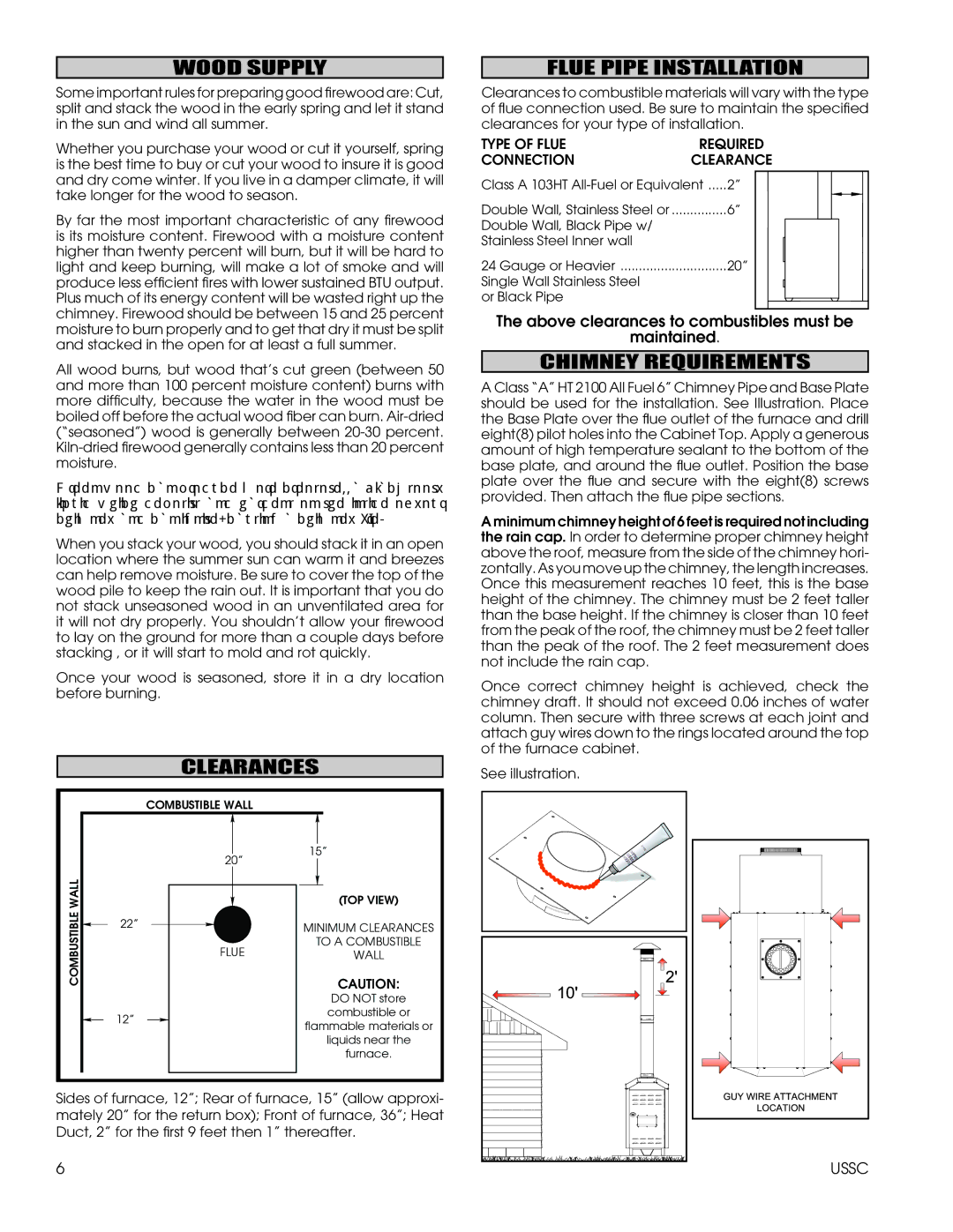 United States Stove 1600EF installation instructions Wood Supply, Clearances, Flue Pipe Installation, Chimney Requirements 