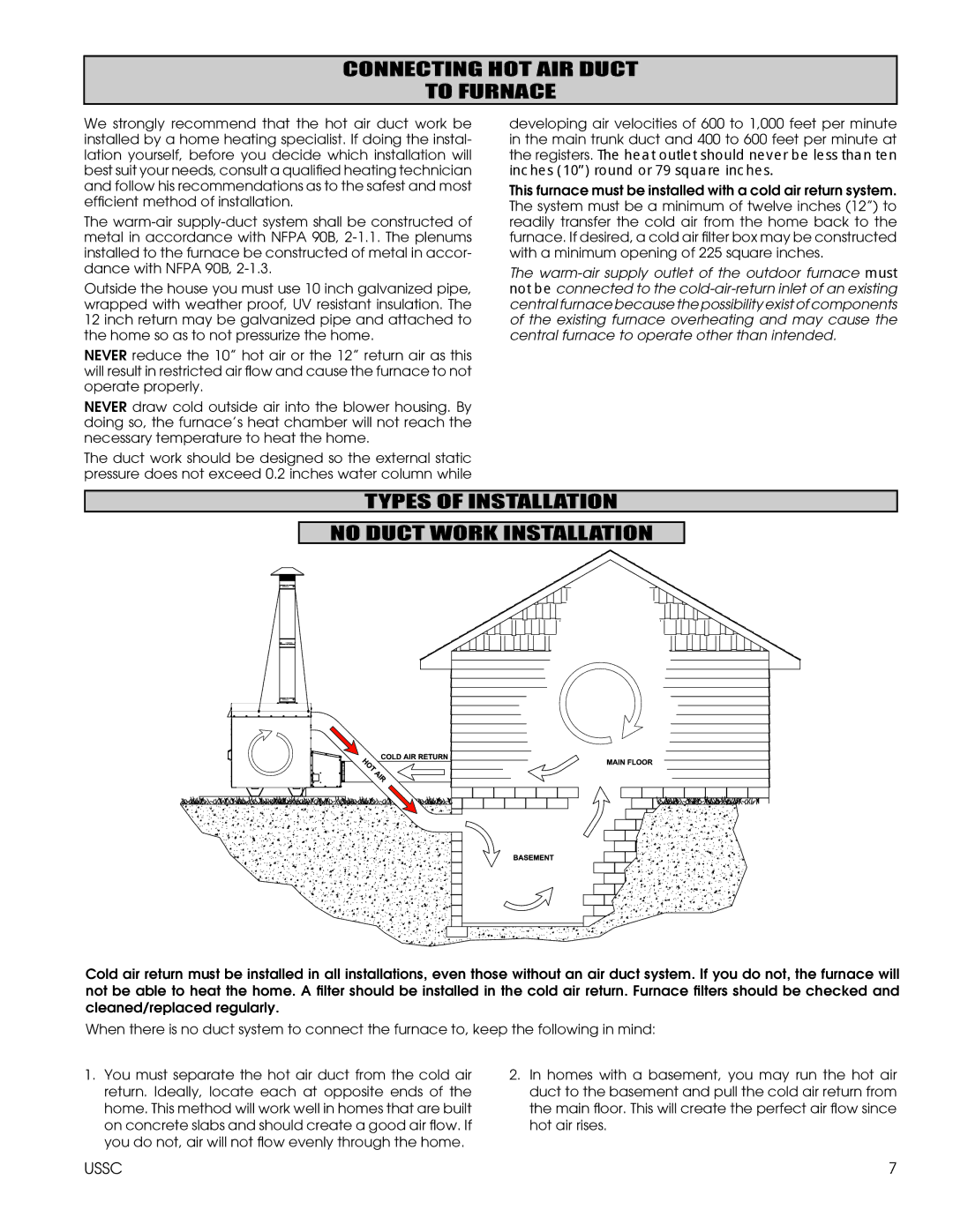 United States Stove 1600EF Connecting HOT AIR Duct To Furnace, Types of Installation No Duct Work Installation 