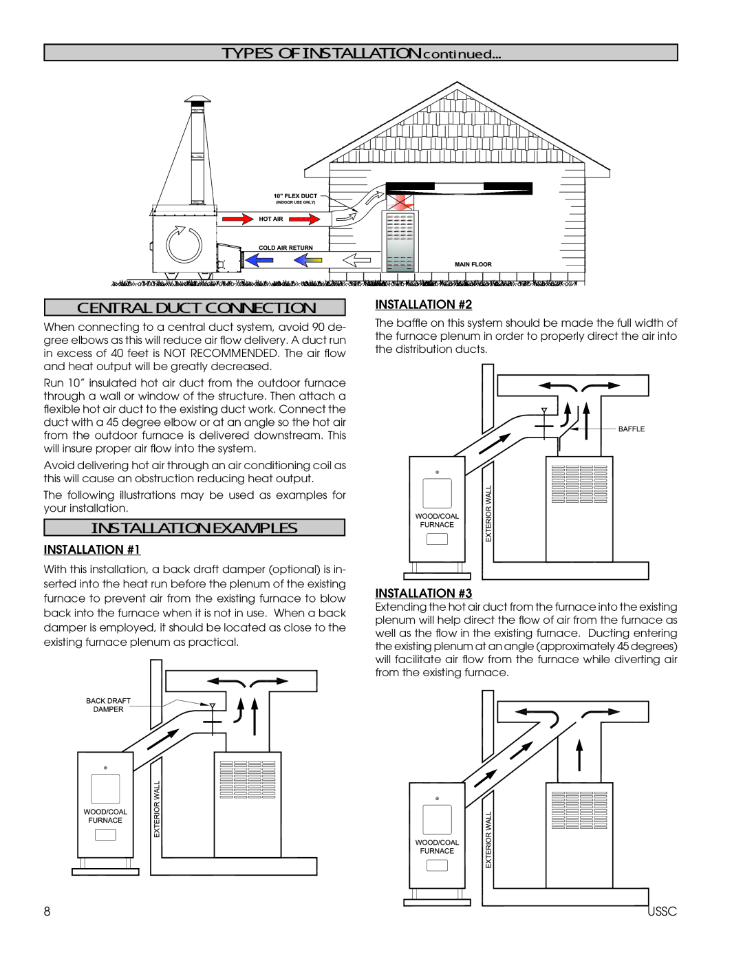 United States Stove 1600EF installation instructions Central Duct Connection, Installation Examples 