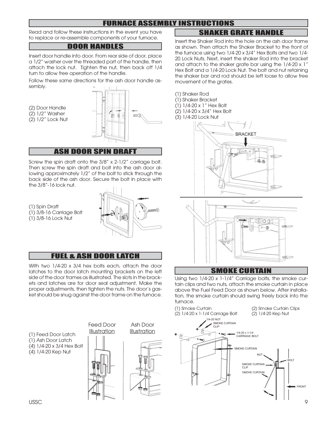 United States Stove 1600EF Furnace Assembly Instructions, Shaker Grate Handle, Door Handles, ASH Door Spin Draft 