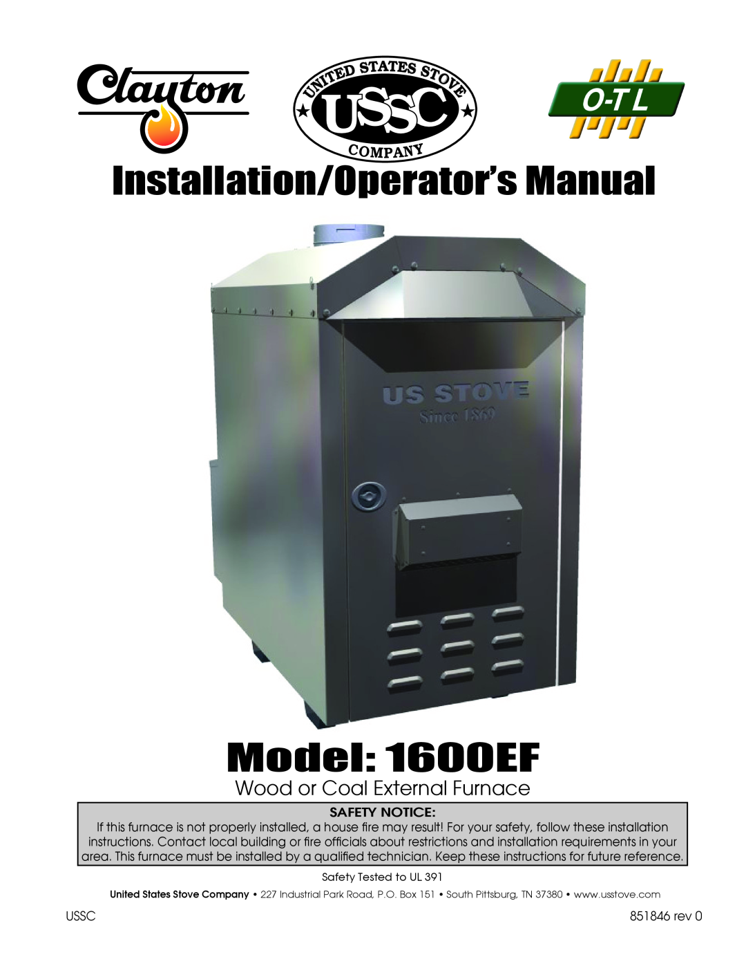 United States Stove 1600EF installation instructions Wood or Coal External Furnace, Ussc, S S 