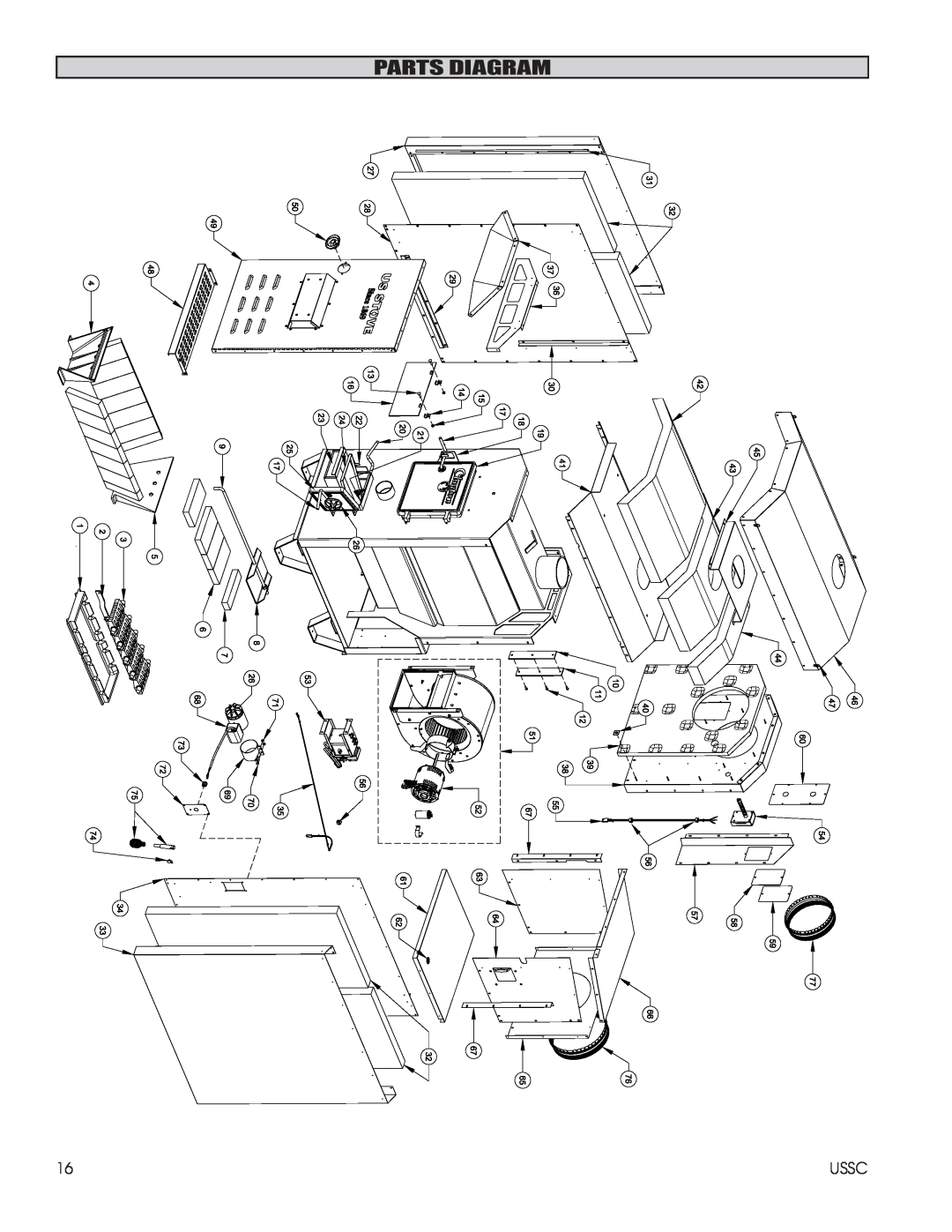 United States Stove 1600EF installation instructions Parts Diagram, Ussc 