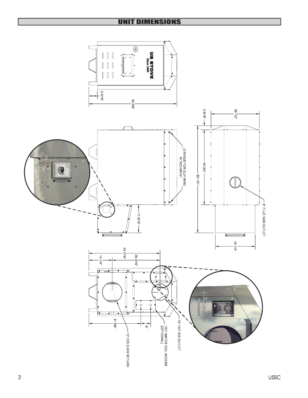 United States Stove 1600EF installation instructions Dimensionsunit, Blower Speed Selector Switch, Limit Switch, Access 