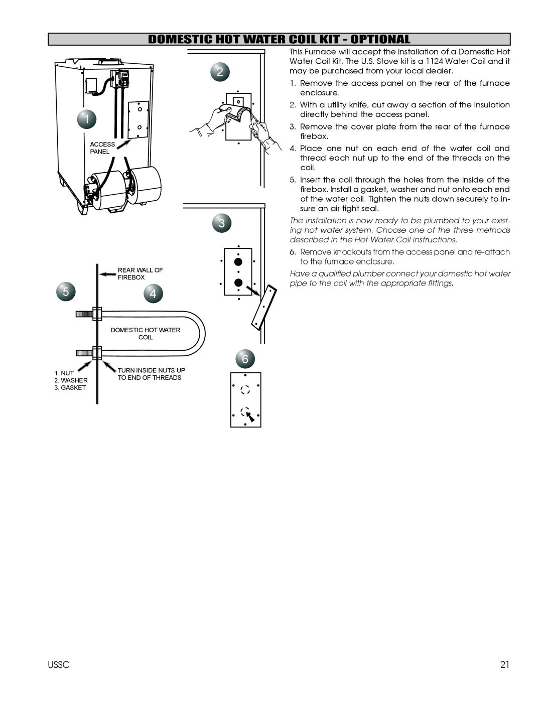 United States Stove 1600EF installation instructions Domestic Hot Water Coil Kit - Optional 