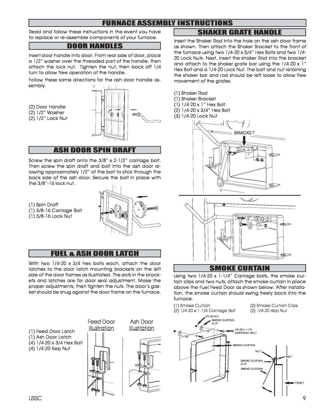 United States Stove 1600EF Furnace Assembly Instructions, Shaker Grate Handle, Door Handles, Ash Door Spin Draft 