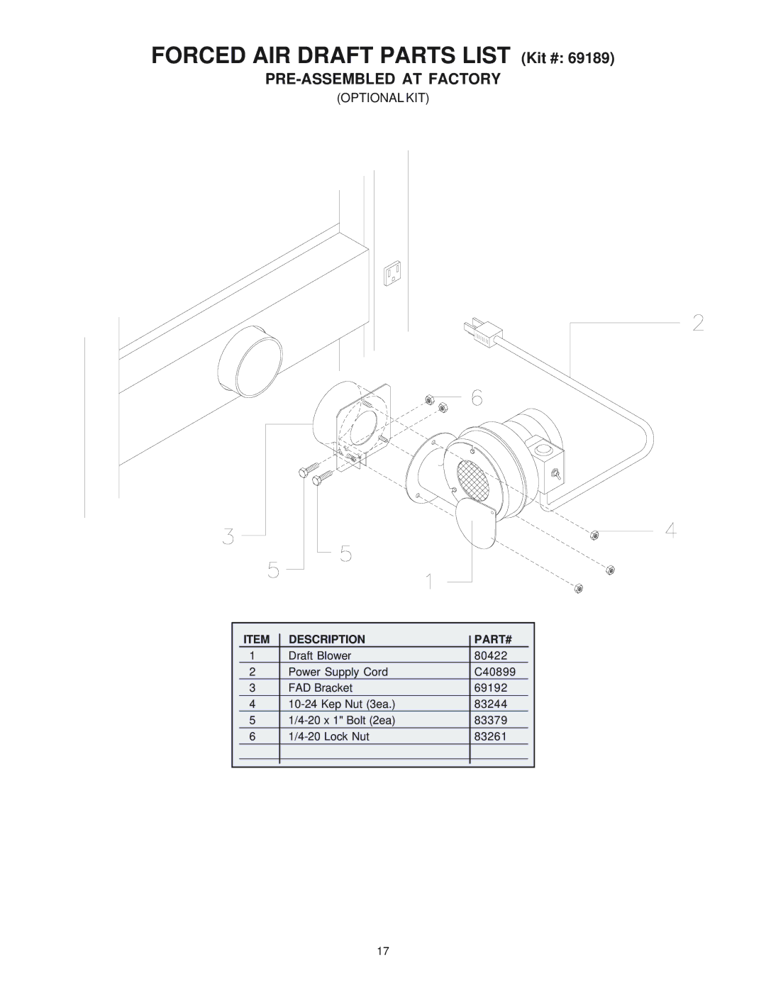 United States Stove 1600M manual Forced AIR Draft Parts List Kit #, PRE-ASSEMBLED AT Factory 