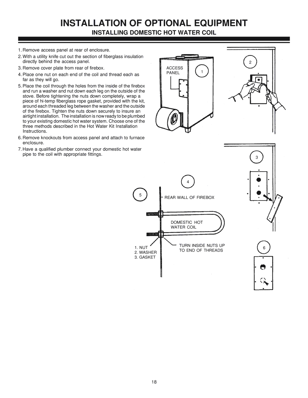 United States Stove 1600M manual Installation of Optional Equipment, Installing Domestic HOT Water Coil 