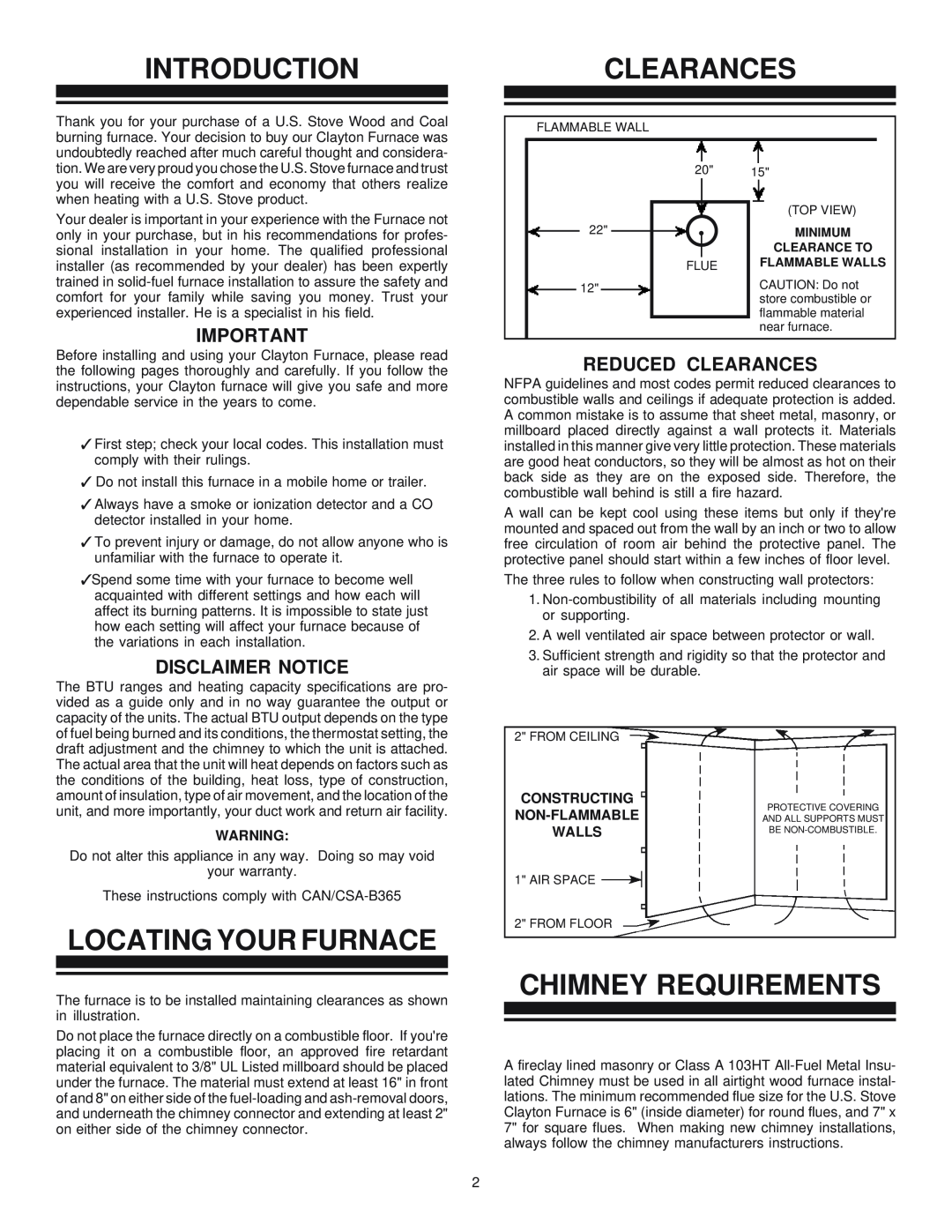 United States Stove 1600M manual Introduction, Locating Your Furnace, Clearances, Chimney Requirements, Disclaimer Notice 