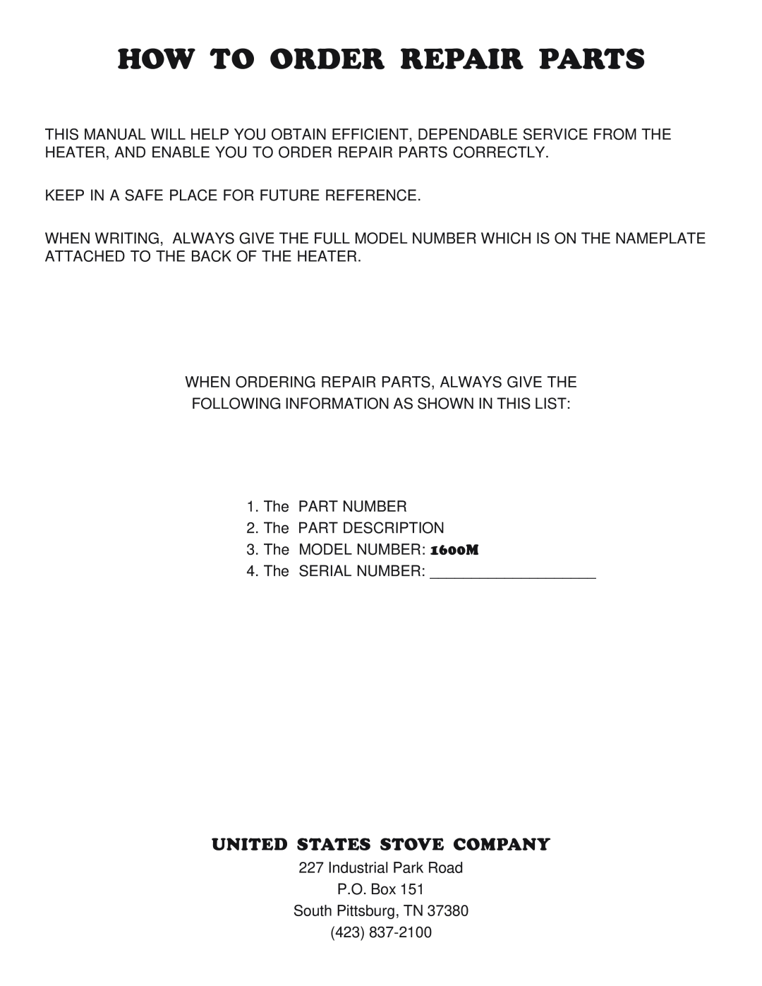 United States Stove 1600M manual How To Order Repair Parts, United States Stove Company 